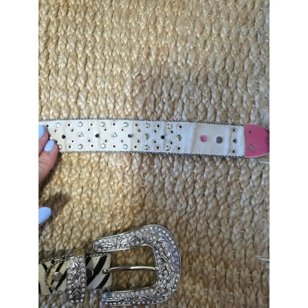 Atlas Western Calf Hair Zebra Print Pink Rhinestones Silver Studded Belt 34 XS